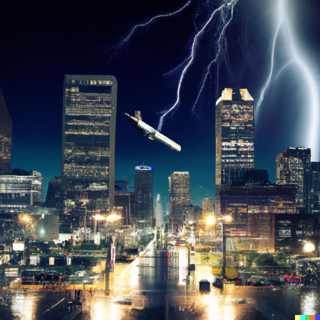 DALL·E 2022-08-29 21.49.45 - Downtown skyline at night with rain and lightning, people in street and jet flying overhead