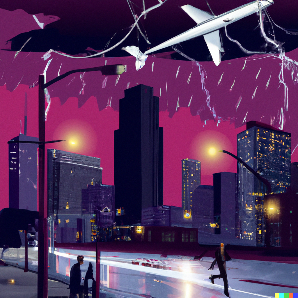 DALL·E 2022-08-29 21.50.02 - Downtown skyline at night with rain and lightning, people in street and jet flying overhead