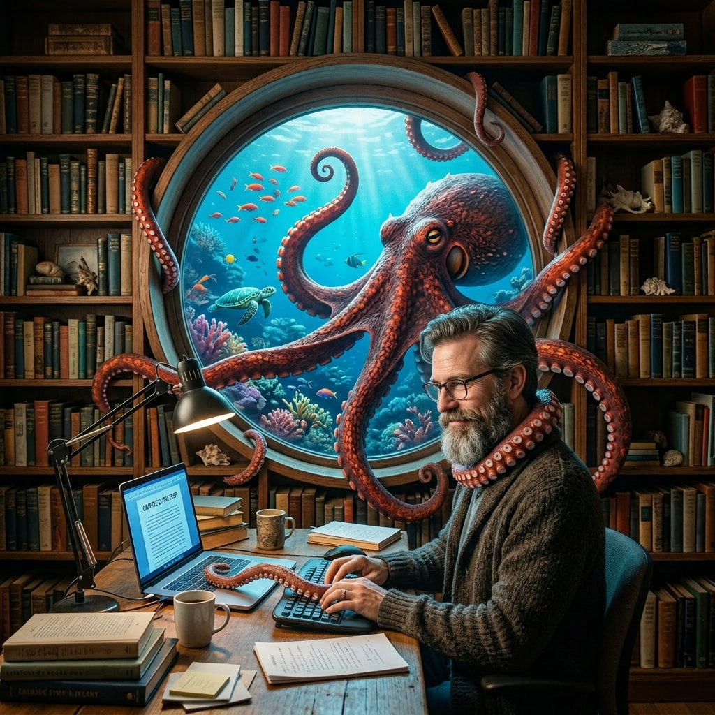 Woman typing at desk with octopus visible through underwater circular window