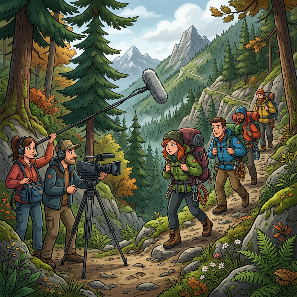 Film crew with camera and boom microphone filming four hikers on mountain trail